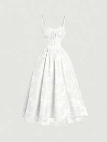 SHEIN MOD Women's Jacquard Knot Design Ruched Waist Elegant Midi Slip Dress For Party,Summer Dresses For Women - White - View 7