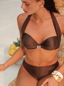 Swim Chiccia Bộ 2 món đồ bơi mùa hè cho nữ, màu cà phê trơn, áo bikini dây buộc cổ và quần short, phụ kiện kim loại, bộ đồ bơi nữ. - Cà phê nâu - Xem 1