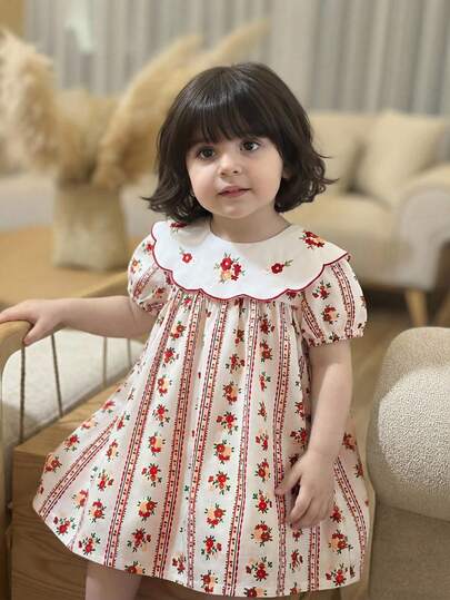 Baby Girl Embroidered Lapel Short Sleeve Retro Fashion Digital Printed Dress, Suitable For Outdoor, Camping, Leisure Travel And Vacation Wear