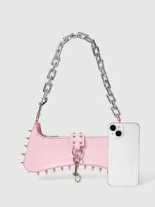 ROMWE Grunge Punk Women's Punk Edge Studded Shoulder Bag With Acrylic Chain Straps - Urban Streetwear Style Purse For Everyday Use,Suitable For Valentine's Day Dates - Baby Pink - View 3
