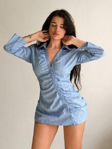 Sirith Women's Striped V-Neck Pleated Casual Versatile Commuting Long Sleeve Shirt - Blue - View 3