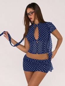 Sweetina Polka Dot Mesh Print Hollow Cardigan Top And Mini Bodycon Skirt 2 Piece Set For Women - Navy Blue - View 7