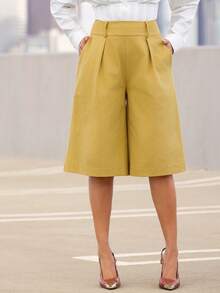 Vixey High Waist Pleated Detail Wide Leg Culotte Pants - Yellow - View 2