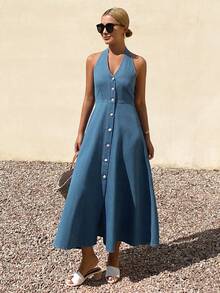 DAZY Women's Casual Washed V-Neck Sleeveless Denim Dress, Summer - Medium Wash - View 4