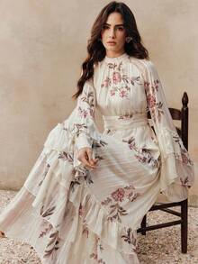 Anewsta Elegant Women's Long Chiffon A-Line Dress With Ruffle Hem And Stand Collar Extra-Long Raglan Sleeves In Apricot Plant Print - Apricot - View 4