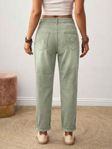 EMERY ROSE Women's Casual Everyday Denim Jeans With Pockets And Floral Print - Green - View 2