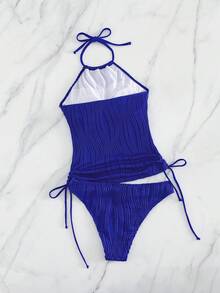 Swim Lushoire 女士纯色抽绳纹理面料吊带露背度假吊带比基尼上衣 - 藍色 - 查看 8