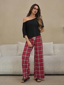HautHeat Conjunto de pijama con top de manga corta de cuello asimétrico de unicolor y pantalones largos estampados a cuadros para mujer - Café integral - Ver 5