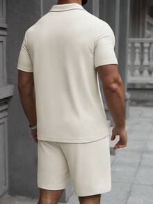 Manfinity Homme Men's Solid Color Short Sleeve Polo Shirt And Shorts Casual Outfit, Suitable For Daily Commute And Travel Mens Two Piece Set Men Clothes Two Piece Man Clothes Outfit Set Men S Co Ord Set Beach Outfit For Men Top - Beige - View 2