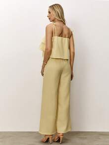 Daynim Tie Shoulder Layered Ruffle Trim Wide Leg Cami Jumpsuit - Yellow - View 2