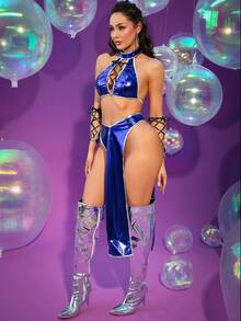 Fantasy Costume 3pcs Chun Li Warrior Cosplay Criss-Cross PU Patchwork Slit Lingerie Set: Bra + Mini Skirt + Panty - Royal Blue - View 4