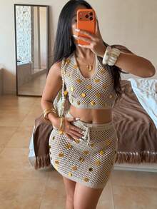 Franclia 新款性感修身沙滩度假风波西米亚优雅甜美度假风露背V领亮片个性闪亮魅力休闲百搭比基尼性感女士慵懒法式复古女式两件套毛衣套装，夏季 - 卡其色 - 查看 8