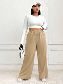 SHEIN EZwear 大码女式纯色抽绳腰休闲百搭日常阔腿运动裤 - 杏色 - 查看 4