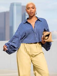 Vixey Stripe Pointed Collar Volume Balloon Sleeve Cropped Button Up Shirt - Blue - View 3