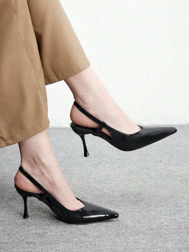 CUCCOO BIZCHIC Women's Pointed Toe Black Patent Leather Metal Buckle Fashionable Sexy Versatile Date Night Wear Backstrap Pointed Toe Stiletto High Heel Sandals Spring Shoes