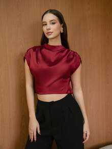 Duda Rubert 女士优雅通勤纯色领子褶皱下摆衬衫 - 酒紅色 - 查看 6