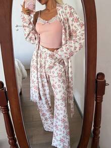SHEIN 3pcs Floral Print Robe Set: Jacket, Camisole With Bow Tie, And Romantic Print Pants - Multicolor - View 5