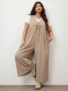Enliva Jumpsuit Wanita Ukuran Besar dengan Kaki Lebar, Tali Depan dan Saku, Longgar, Cocok untuk Bentuk Tubuh Apel Bulat/2026/Tahun Baru - Khaki - View 6
