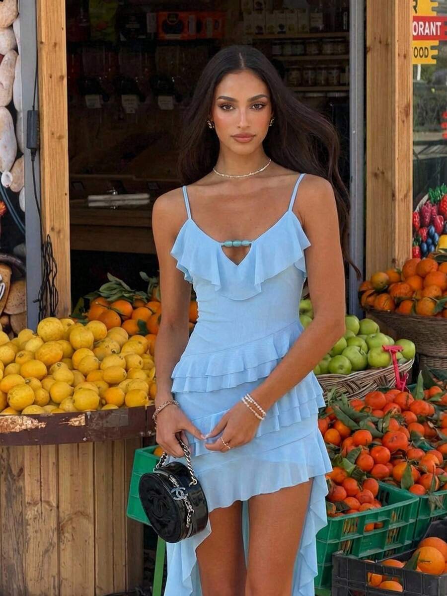 Aloruh 女士纯色荷叶边连衣裙，浪漫约会、海滩度假之选