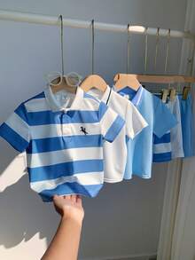 SHEIN 6件套儿童男童休闲日常舒适印花罗纹Polo领半拉链宽松短袖上衣和短裤针织T恤套装，3种款式各一件，共6件。 - 彩色 - 查看 3