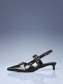 CUCCOO GRLICON 酒红色漆皮尖头金属双扣猫耳女式高跟鞋 - 黑色 - 查看 1