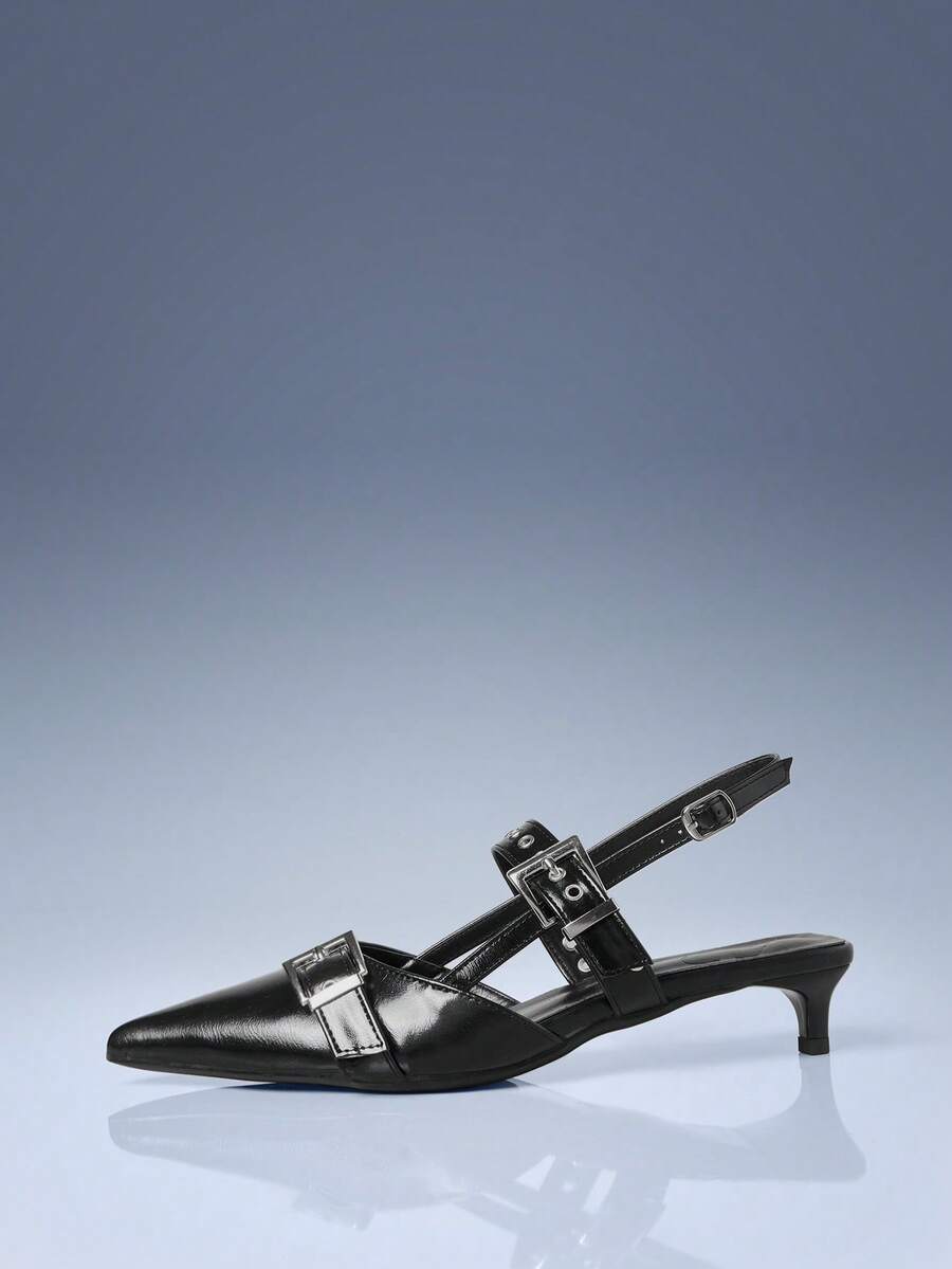 CUCCOO GRLICON 酒红色漆皮尖头金属双扣猫耳女式高跟鞋 - 黑色 - 查看 1