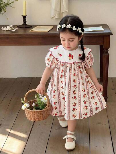 Baby Girl Embroidered Lapel Short Sleeve Retro Fashion Digital Printed Dress, Suitable For Outdoor, Camping, Leisure Travel And Vacation Wear