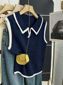 Franclia Navy Blue And White,Back-To-School,Autumn,Casual,Occasion,School Contrast Trim Knit Vest,Polo Collar Half-Button Slim Fit Soft Ribbed Retro Sweater - Navy Blue - View 4