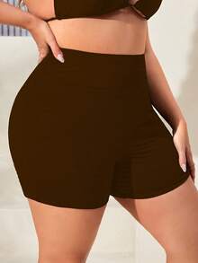 Swim SPRTY سروال بكيني أحادي اللون مقاس كبير لرفع الأرداف، شورت بدون خياطة للصيف - بني - مشاهدة 6