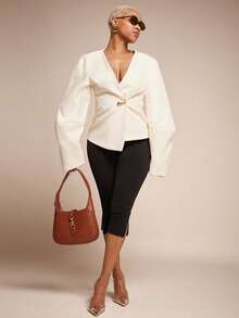 Vixey 纯色纹理编织茧型袖单扣西装外套 - 杏色 - 查看 3