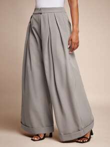 Vixey Woven Twill High Waist Pleated Cuffed Hem Wide Leg Trousers - Grey - View 4