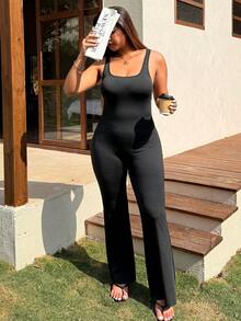 SHEIN EZwear Plus Size Solid Color Hollow Out Flared Casual Jumpsuit, Spring/Summer,High-Elasticity, Versatile, Slim-Fitting Jumpsuit Bodycon Jumpsuit - Black - View 7
