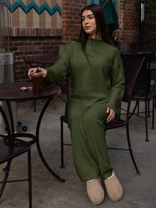 Andrea Bello 2pcs Women Knit Sweater Set - Crew Neck Pullover Sweater & Long Pants Fall Winter Cloth For Women - Army Green - View 5