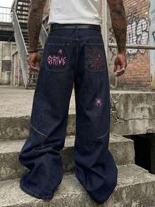 AXEPEAK Men's Casual Fashion Street Spider Letter Embroidery Loose Flared Jeans - Blue - View 7