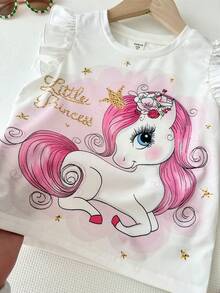 THE HAPPY LOOK 2pcs/Set Young Girl Cartoon Pattern Knit Soft Round Neck Ruffle Sleeveless Top And Elastic Waist Pants - Multicolor - View 6