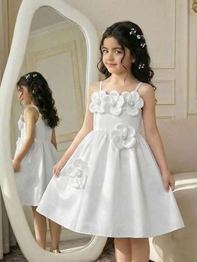 Girls' Sweet & Elegant White Sleeveless Strap Dress, Spring/Summer, 3D Floral & Pearl Decor, Waist Cinched, Birthday Party Dress