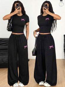 SHEIN 少女蝴蝶印花圆领短袖T恤和阔腿裤休闲套装 - 黑色 - 查看 3