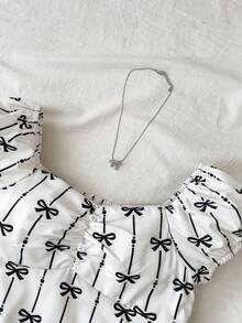 少女休闲度假舒适蝴蝶结印花短袖衬衫，夏季 - 杏色 - 查看 9