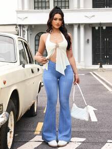 Flexra Quần jeans ống loe nữ, cạp lệch, kiểu dáng thường ngày, đa năng. - Màu xanh lam - Xem 6