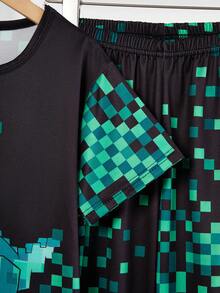 Tween BoyFashionable Cute Dinosaur Mosaic Print Short Sleeve & Pants Pajama Set Boys Lounge Set Boys Gaming Shirts Boys Sleepwear - Green - View 7