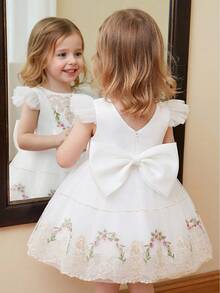 Glamorique Kids Baby Girls' Embroidered Lace Tulle Dress With Bow Decor, Puff Skirt, High-End Satin Baby Birthday Party Dress For Wedding, Travel, Banquet, Party Summer Elegant Baby Dress Elegant Toddler Dress Baby Garden Dress - Beige - View 4