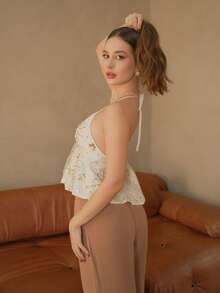 Duda Rubert 女式亮片拼接露背吊带背心，夏季时尚 - 杏色 - 查看 5