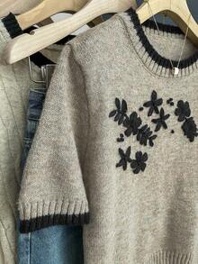 SHEIN Franclia New Arrival Casual Loose Floral Sweet Retro Women Knit Sweater, Spring/Autumn - Camel - View 4