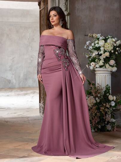 Aureia 大码优雅浪漫深紫色露肩褶皱奢华串珠拼接针织面料腰部荷叶边装饰美人鱼裙摆侧开衩，适合婚礼、派对、庆典、正式晚礼服（精致设计）