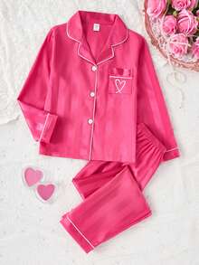 Girls Champagne Striped Long Sleeve Cardigan And Pants 2 Pieces Pajama Set - Hot Pink - View 6