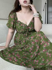 Vibekara Đầm nữ cỡ lớn thanh lịch và gợi cảm cổ chữ V, thắt eo, thích hợp cho các buổi đi chơi và mặc hàng ngày, mùa hè. - màu xanh lá - Xem 5