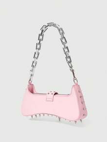 ROMWE Grunge Punk Women's Punk Edge Studded Shoulder Bag With Acrylic Chain Straps - Urban Streetwear Style Purse For Everyday Use,Suitable For Valentine's Day Dates - Baby Pink - View 5