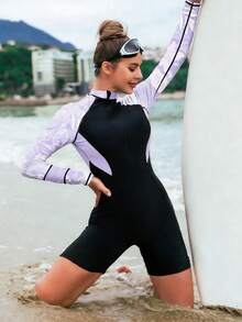 Swim SPRTY Áo tắm nữ cổ đứng phối màu ôm sát, thích hợp cho kỳ nghỉ và bảo vệ da khỏi ánh nắng mặt trời hàng ngày. - Màu tím hoa cà - Xem 2