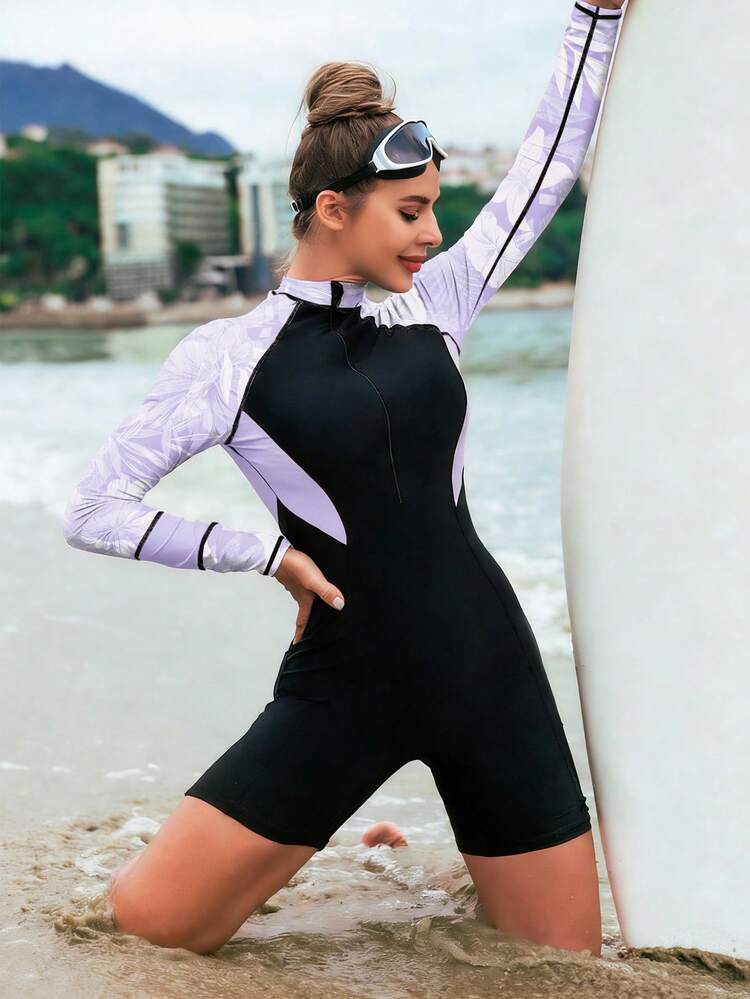 Swim SPRTY Áo tắm nữ cổ đứng phối màu ôm sát, thích hợp cho kỳ nghỉ và bảo vệ da khỏi ánh nắng mặt trời hàng ngày. - Màu tím hoa cà - Xem 2