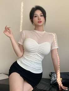 DAZY 春夏镂空网纱拼接白色露脐上衣，时尚百搭，适合情人节、婚礼、派对、宴会等场合，修身优雅，适合办公室穿着。女士透视网纱短袖衬衫。 - 米色 - 查看 6